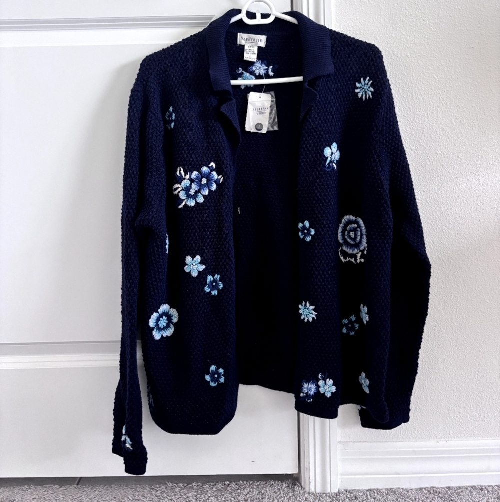 Van Hausen Vintage Navy Blue Floral Women's Embroidered Cardigan - Picture 4 of 4